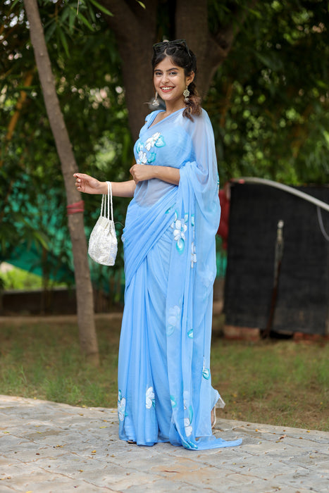 Blue Majesty (Handpainted Chiffon Saree in Blue)