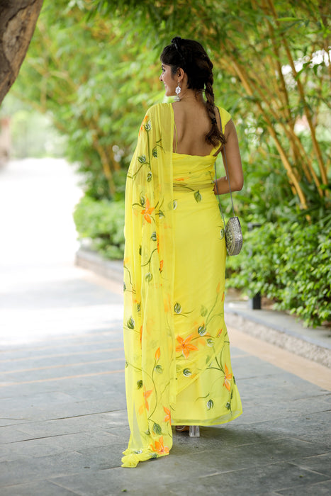 Radiant Yellow Petals (Handpainted Chiffon Saree in Yellow)