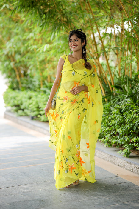 Radiant Yellow Petals (Handpainted Chiffon Saree in Yellow)