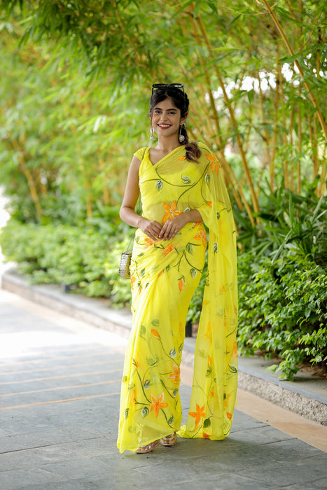 Radiant Yellow Petals (Handpainted Chiffon Saree in Yellow)