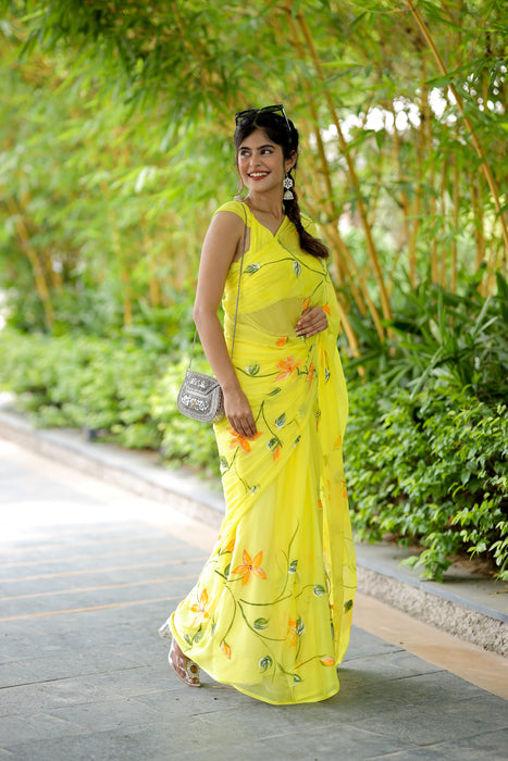 Radiant Yellow Petals (Handpainted Chiffon Saree in Yellow)