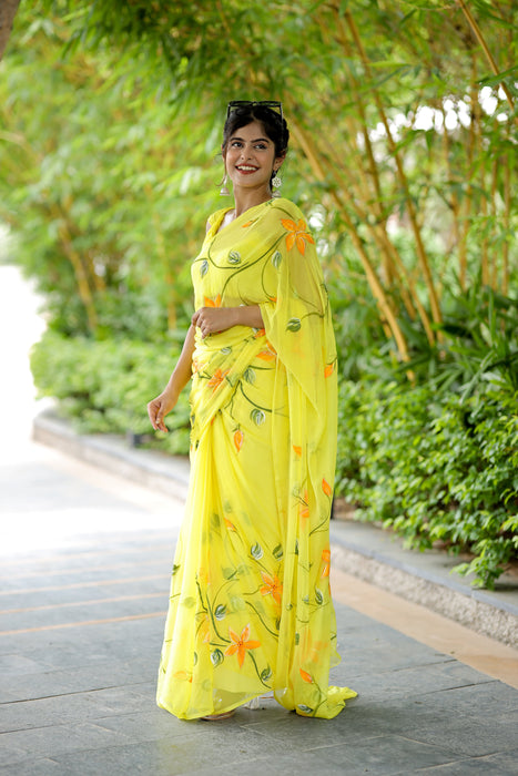 Radiant Yellow Petals (Handpainted Chiffon Saree in Yellow)