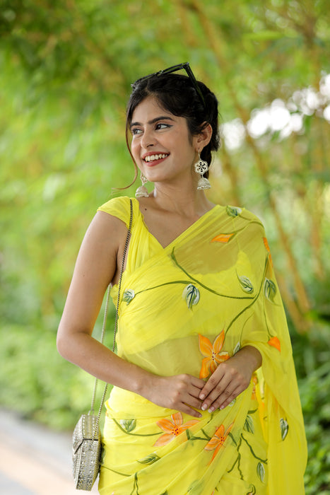 Radiant Yellow Petals (Handpainted Chiffon Saree in Yellow)