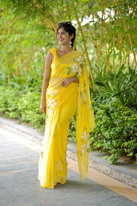 Sunshine Symphony (Classy Yellow Handpainted Chiffon Saree)