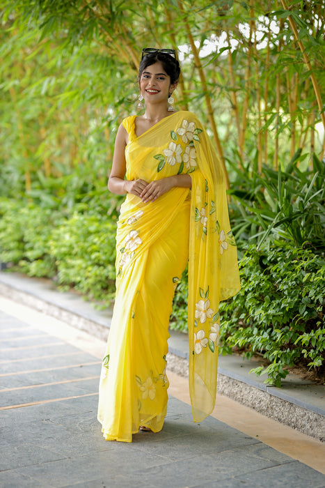 Sunshine Symphony (Classy Yellow Handpainted Chiffon Saree)