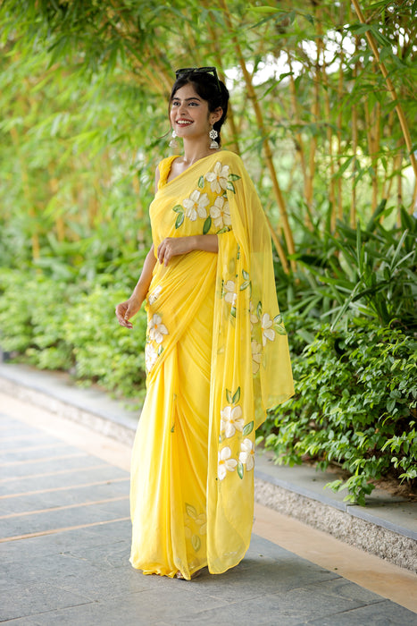 Sunshine Symphony (Classy Yellow Handpainted Chiffon Saree)