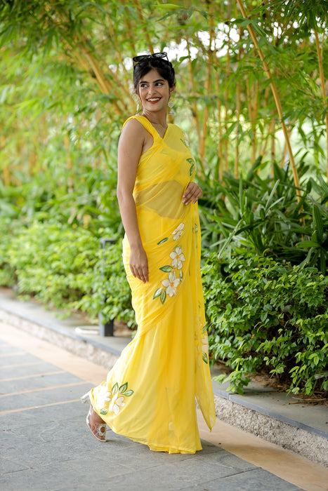 Sunshine Symphony (Classy Yellow Handpainted Chiffon Saree)