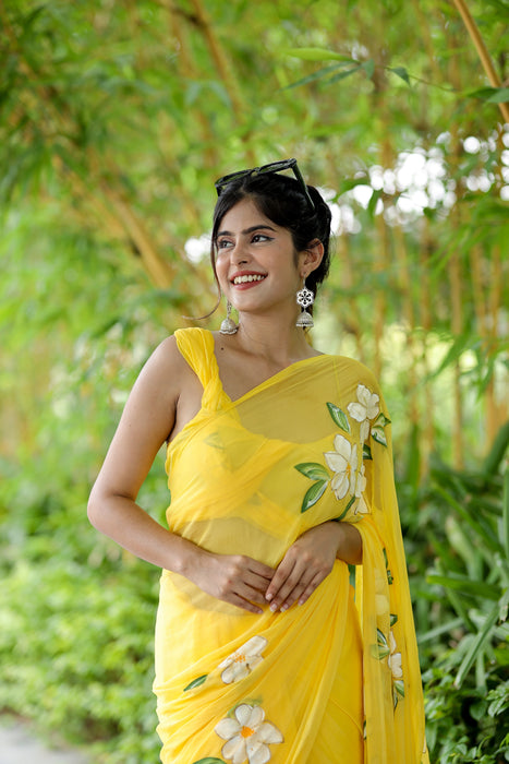 Sunshine Symphony (Classy Yellow Handpainted Chiffon Saree)