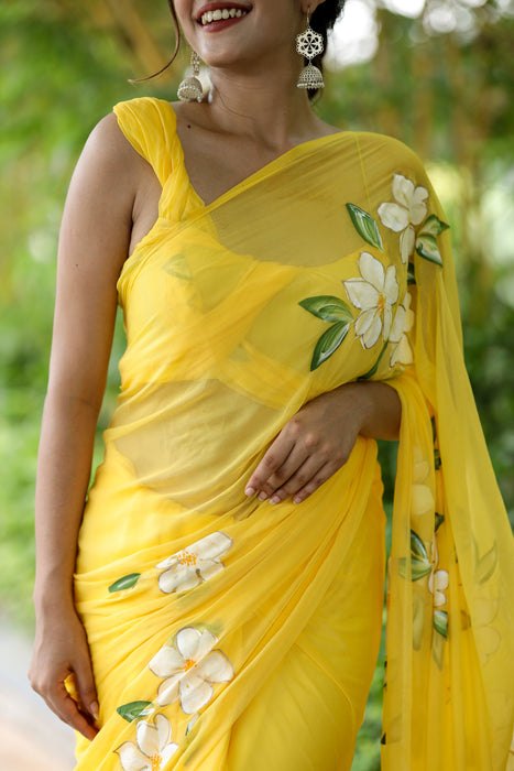 Sunshine Symphony (Classy Yellow Handpainted Chiffon Saree)