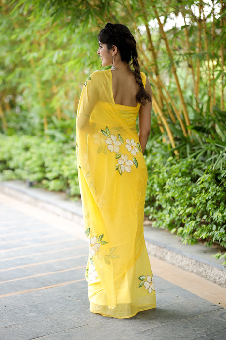 Sunshine Symphony (Classy Yellow Handpainted Chiffon Saree)