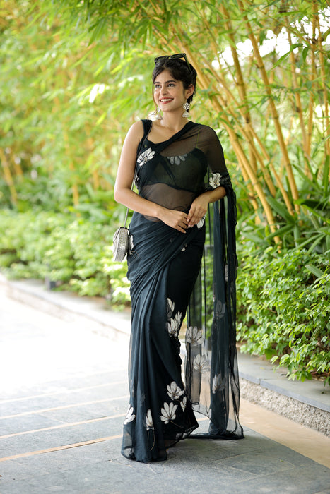 Charcoal Whisper (Hand Painted Black Chiffon Saree)