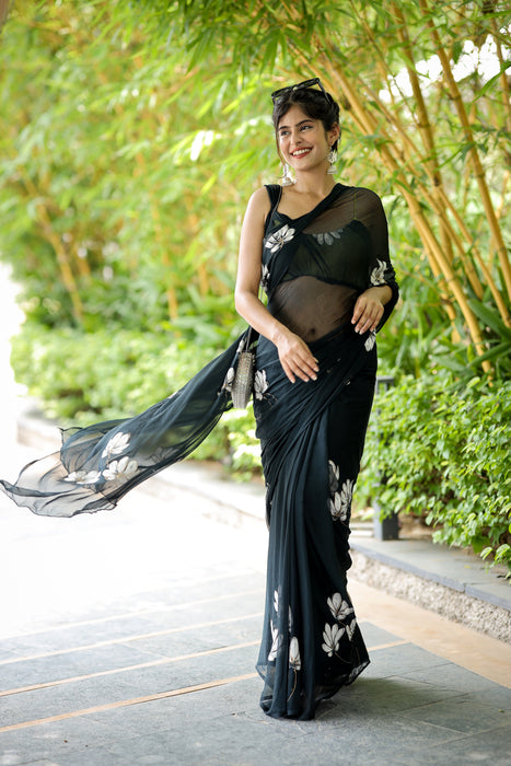 Charcoal Whisper (Hand Painted Black Chiffon Saree)