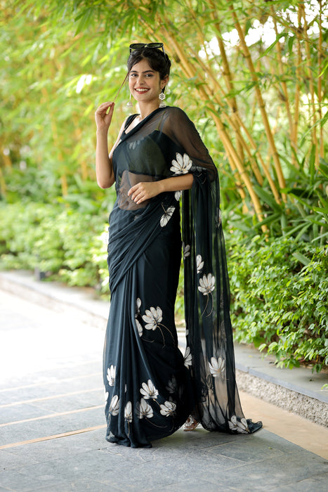 Charcoal Whisper (Hand Painted Black Chiffon Saree)