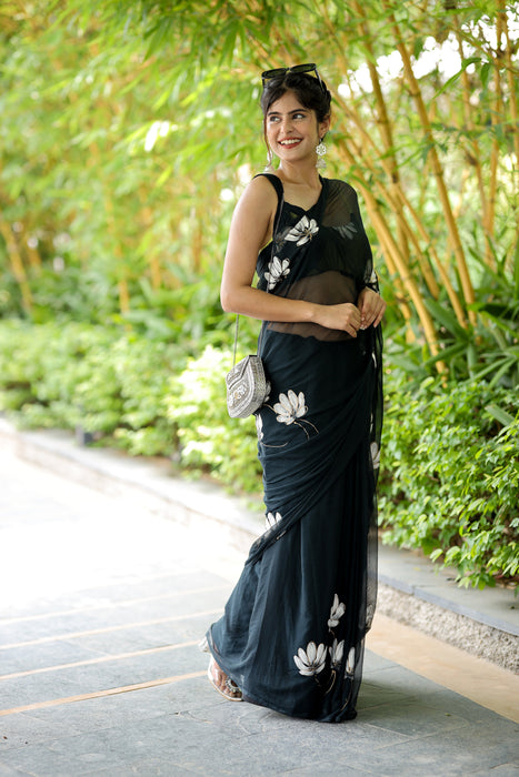 Charcoal Whisper (Hand Painted Black Chiffon Saree)