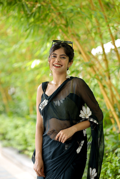 Charcoal Whisper (Hand Painted Black Chiffon Saree)