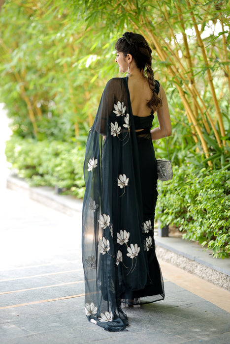 Charcoal Whisper (Hand Painted Black Chiffon Saree)