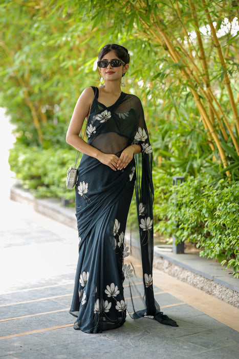 Charcoal Whisper (Hand Painted Black Chiffon Saree)