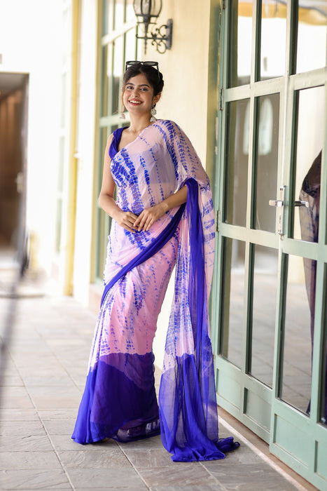 Twilight Fusion (Lehriya Chiffon Saree in Blue and Pink)