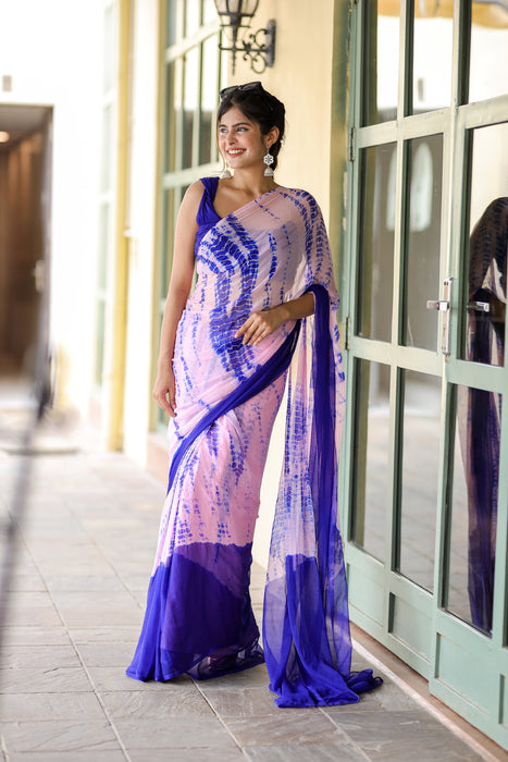 Twilight Fusion (Lehriya Chiffon Saree in Blue and Pink)