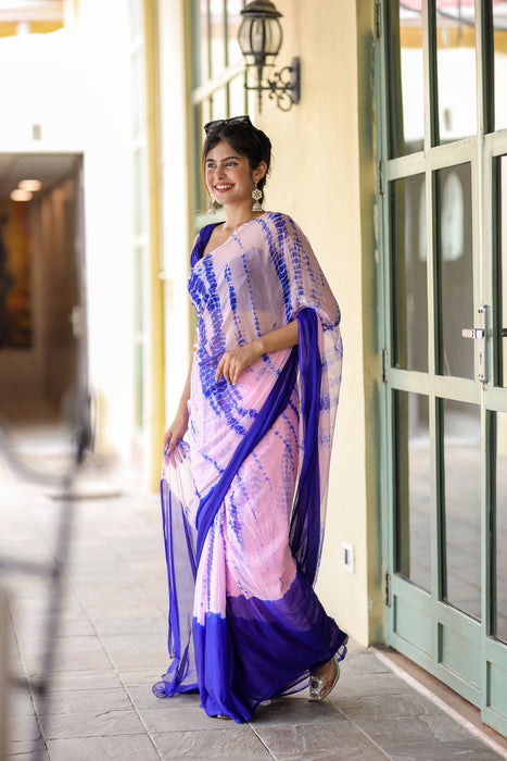 Twilight Fusion (Lehriya Chiffon Saree in Blue and Pink)