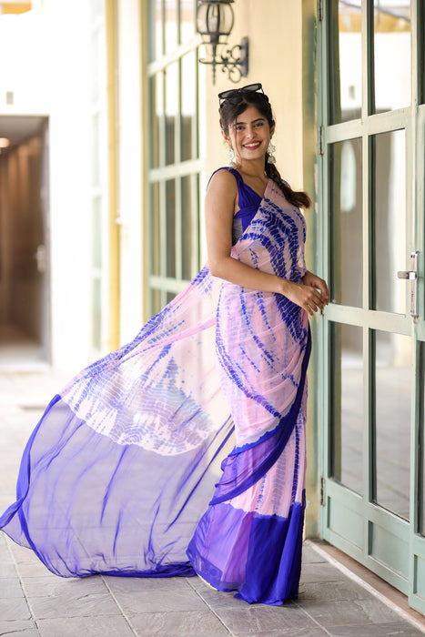 Twilight Fusion (Lehriya Chiffon Saree in Blue and Pink)