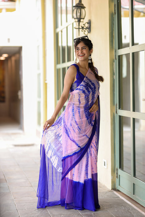 Twilight Fusion (Lehriya Chiffon Saree in Blue and Pink)