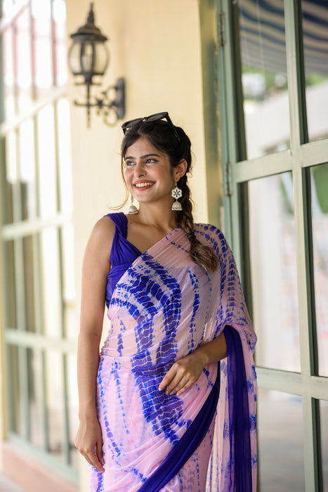 Twilight Fusion (Lehriya Chiffon Saree in Blue and Pink)