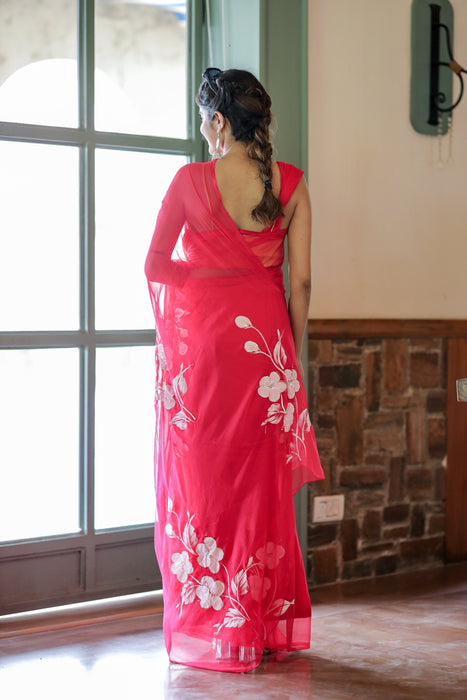 Rosy Blossom (Handpainted Chiffon Saree in Rani Pink)