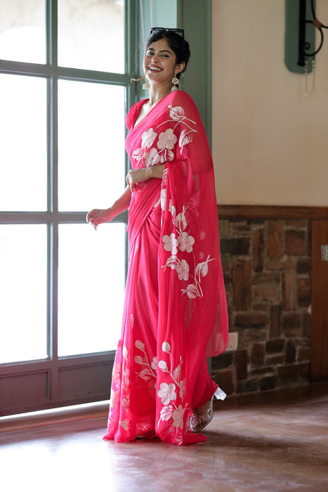 Rosy Blossom (Handpainted Chiffon Saree in Rani Pink)