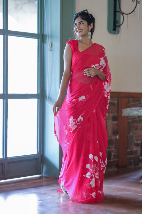 Rosy Blossom (Handpainted Chiffon Saree in Rani Pink)