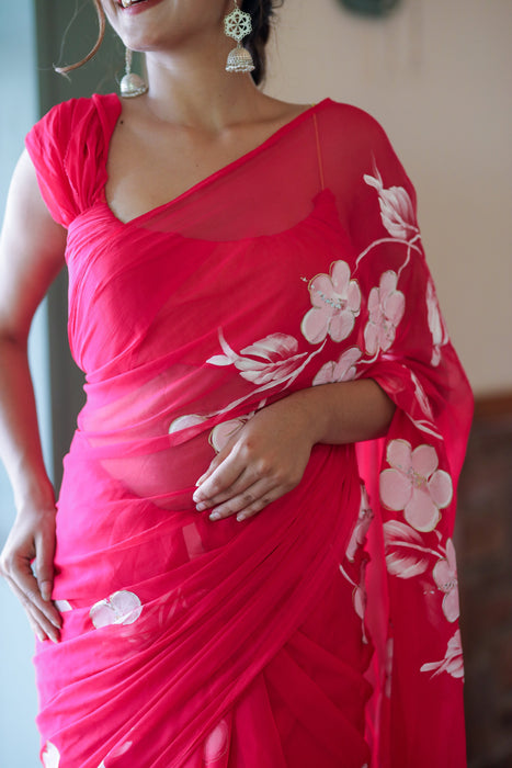 Rosy Blossom (Handpainted Chiffon Saree in Rani Pink)