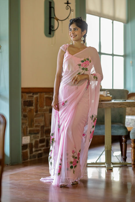 Pastel Petal Dreams (Pink Hand Painted Chiffon Saree)