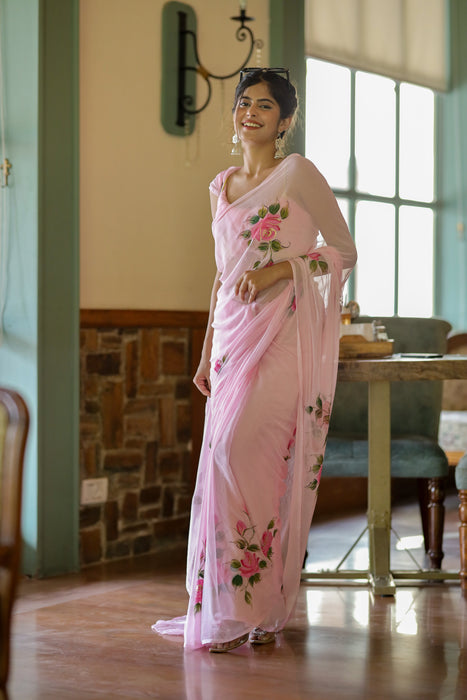 Pastel Petal Dreams (Pink Hand Painted Chiffon Saree)