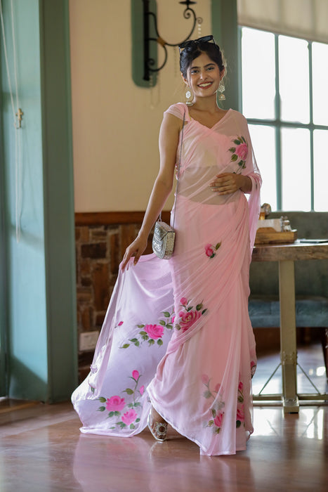 Pastel Petal Dreams (Pink Hand Painted Chiffon Saree)