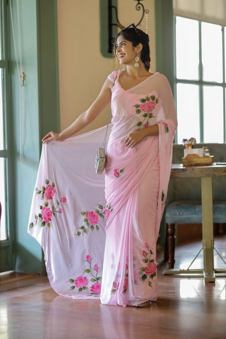 Pastel Petal Dreams (Pink Hand Painted Chiffon Saree)