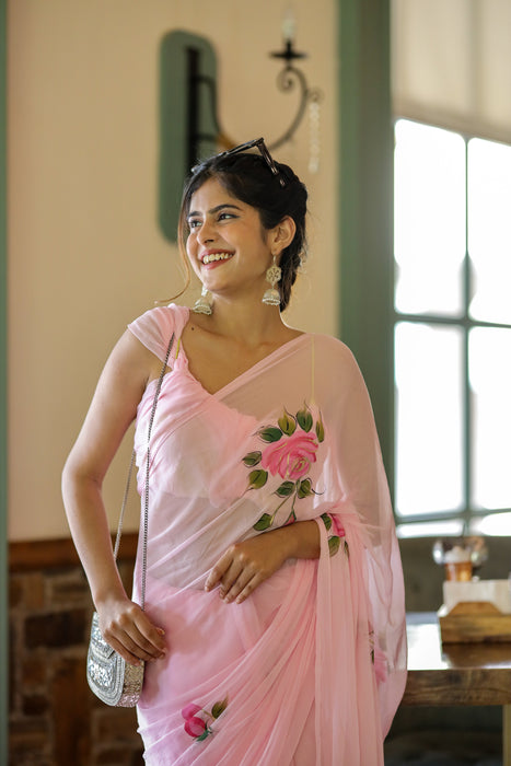 Pastel Petal Dreams (Pink Hand Painted Chiffon Saree)