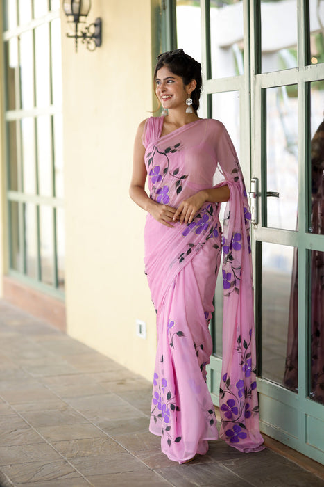 Whispering Lilac Hues (Lilac Handpainted Chiffon Saree)