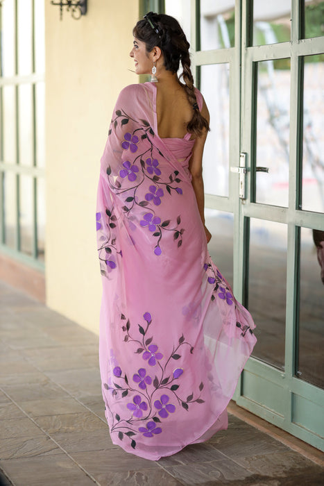 Whispering Lilac Hues (Lilac Handpainted Chiffon Saree)