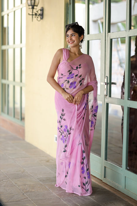 Whispering Lilac Hues (Lilac Handpainted Chiffon Saree)