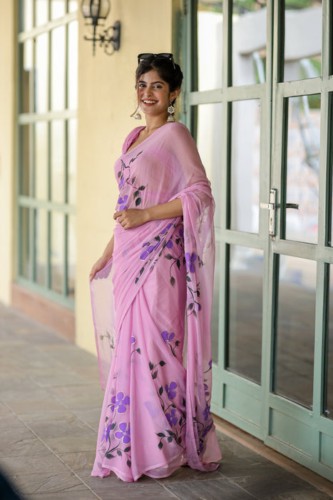 Whispering Lilac Hues (Lilac Handpainted Chiffon Saree)