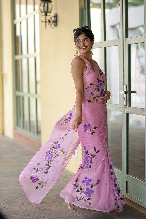 Whispering Lilac Hues (Lilac Handpainted Chiffon Saree)