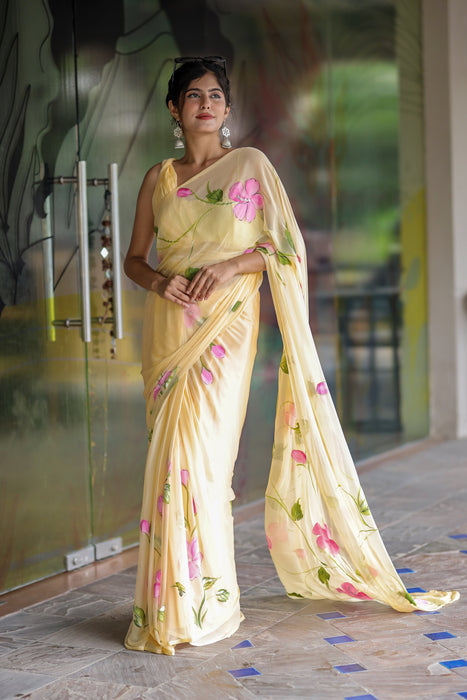 Sunlit Brushstrokes (Hand Painted Pastel Chiffon Saree)