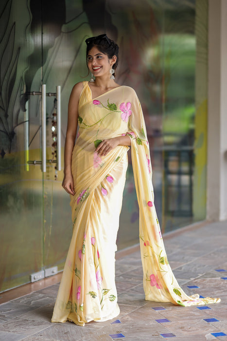 Sunlit Brushstrokes (Hand Painted Pastel Chiffon Saree)