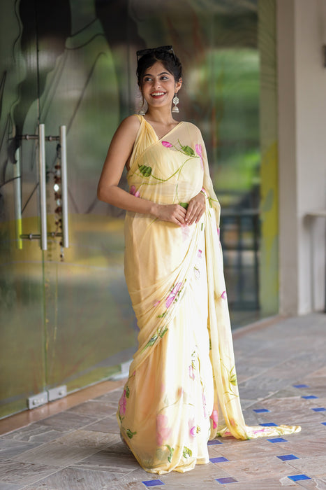 Sunlit Brushstrokes (Hand Painted Pastel Chiffon Saree)