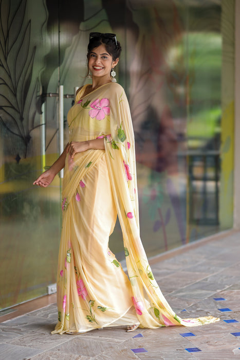 Sunlit Brushstrokes (Hand Painted Pastel Chiffon Saree)