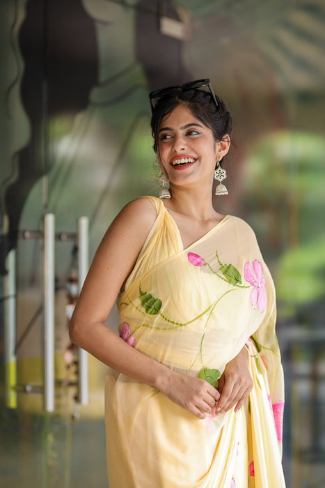 Sunlit Brushstrokes (Hand Painted Pastel Chiffon Saree)