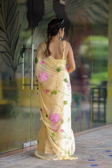 Sunlit Brushstrokes (Hand Painted Pastel Chiffon Saree)