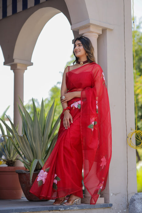 Ruby Radiance (Handpainted Red Organza Saree)