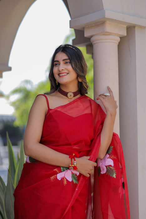 Ruby Radiance (Handpainted Red Organza Saree)