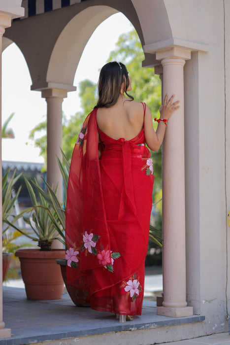 Ruby Radiance (Handpainted Red Organza Saree)